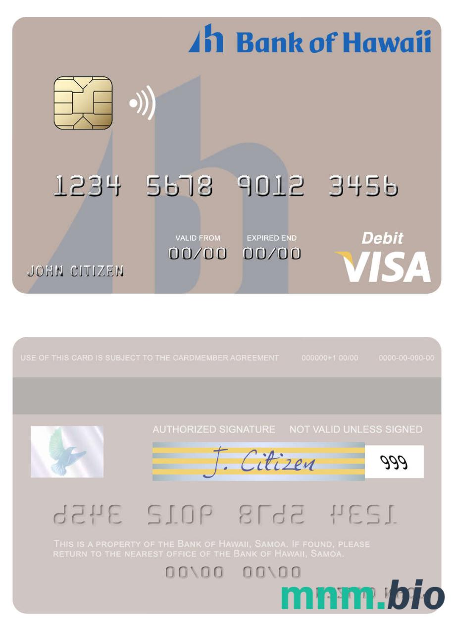 Samoa Bank of Hawaii visa debet karta przykład w formacie PSD